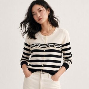 Talbots Breton Stripe Cardigan Ivory Black Sz S NWT